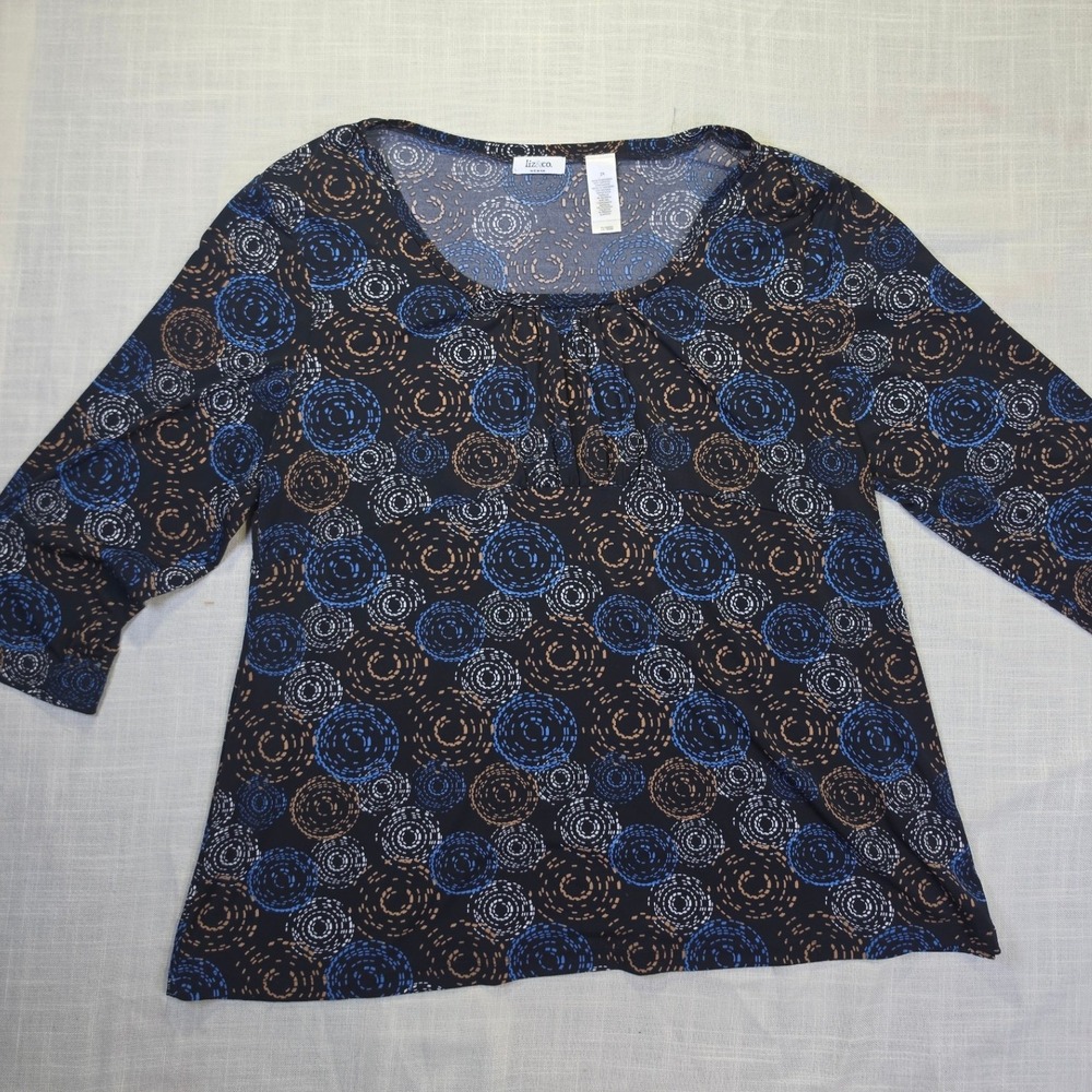 Liz & Co Woman 2X Black Blue Tan Geometric Circle Print 3/4 Sleeve Blouse Top